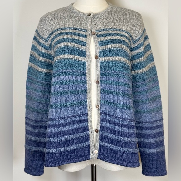 L.L.Bean Cardigan Cotton Blue Gray Ombré Textured Knit Women’s Size Large Petite - Picture 2 of 10